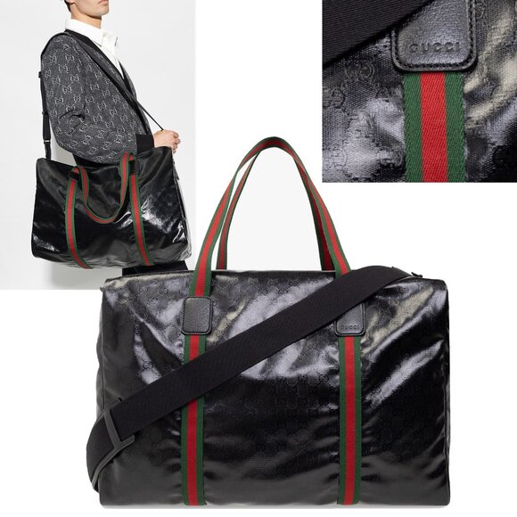 GUCCI BAG 760152 MAXI DUFFLE BLACK GG CRYSTAL CANVAS WEB w SHOULDER STRAP - Picture 1 of 15
